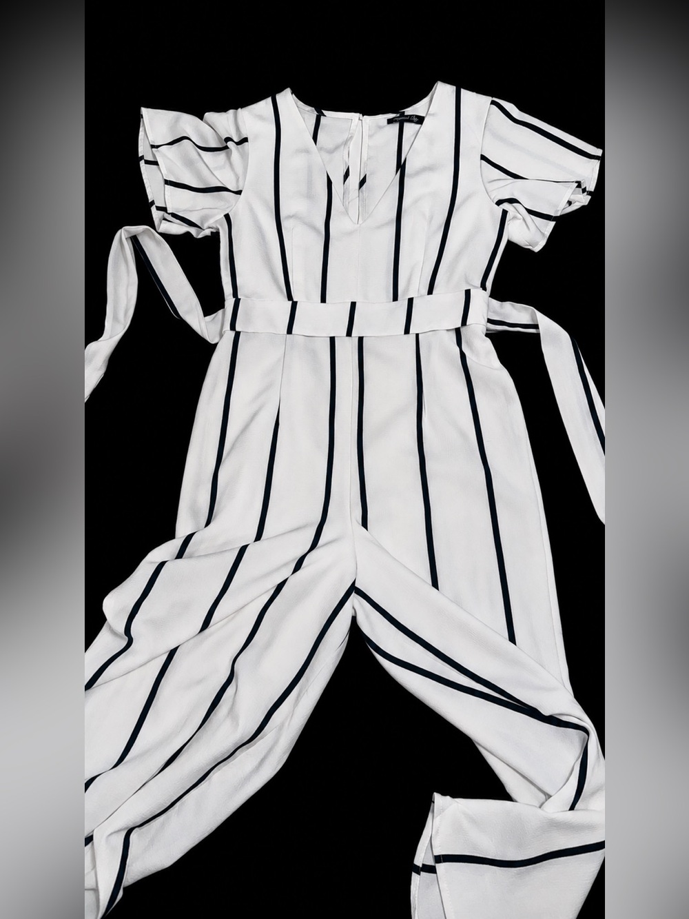 Striped White & Black V-Neck Women's Jumpsuit